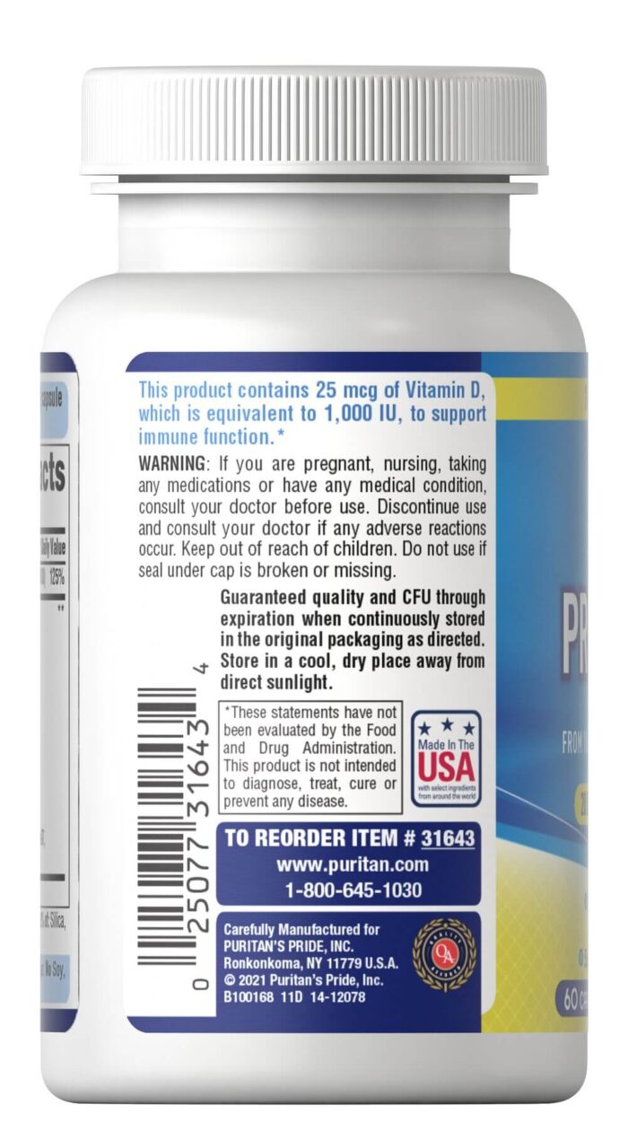 Probiotic 10 puritan's pride + Vitamin D 60 Capsules لصحة أفضل