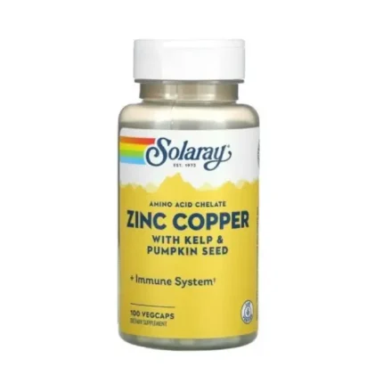 Solaray Zinc Copper Amino Acid Chelates 100 Capsules لدعم وظائف القلب والغدة الدرقية