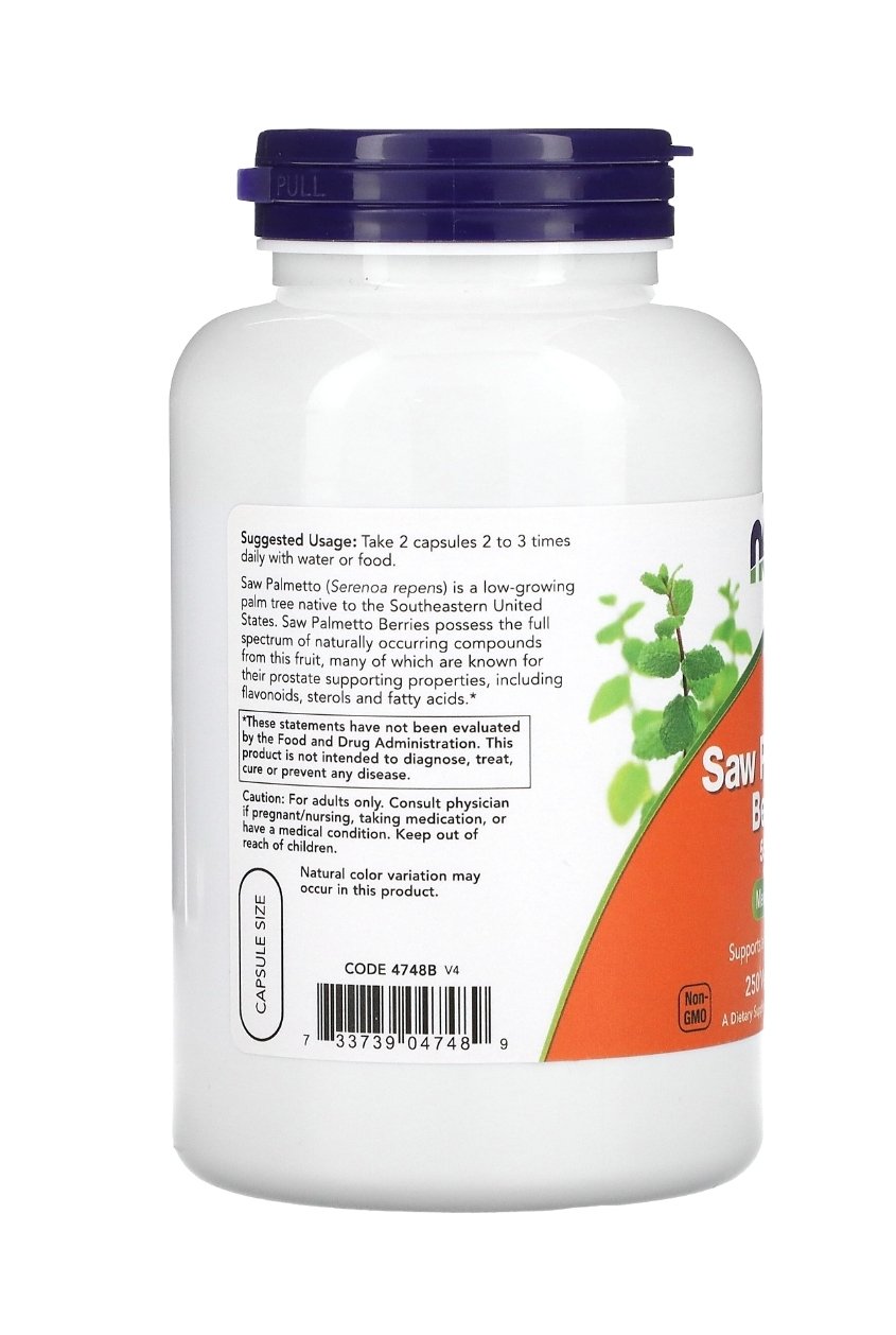 NOW® Saw Palmetto Berries 550 mg 250 Veg Capsules يدعم صحة البروستاتا