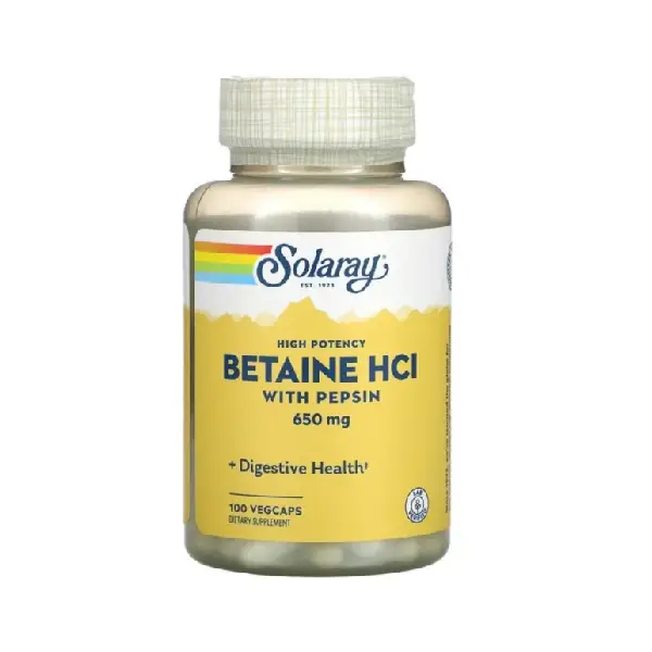Solaray BATAINE HCL With Pepsin 650 mg 100 Veg Capsules البيبسين لتعزيز الهضم 076280048148
