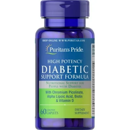 منتج Puritan's Pride DIABETIC SUPPORT FORMULA 60 CAPLETS ديابيتيك مكمل غذائي لمريض السكري والذي يعتبر من افضل المكملات الغذائية المخصصة لمرضى السكري .