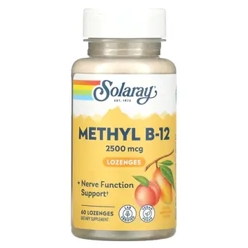 076280321838 Solaray B-12 Methyl Mango Peach 2500mcg, 60 Lozenges لدعم الأعصاب - Image 1