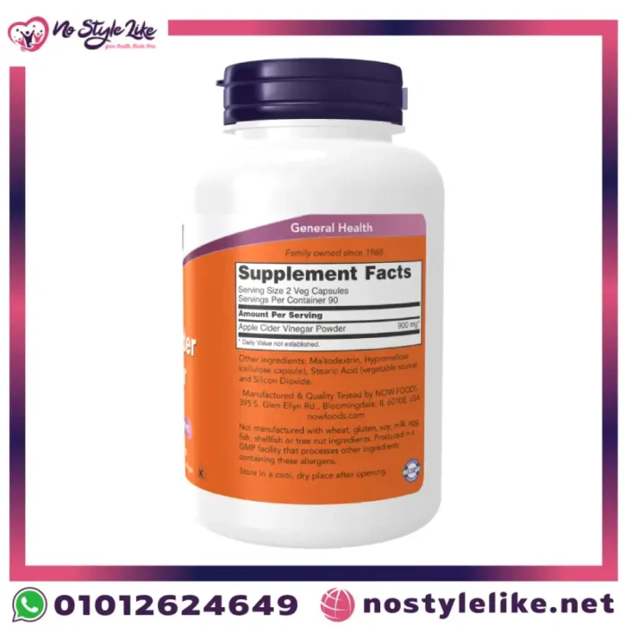 NOW Apple Cider Vinegar 450 mg Supplement Facts Label