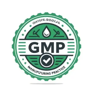 DALL·E 2025 03 01 22.18.21 A professional GMP Good Manufacturing Practice certification logo symbolizing high quality and safety standards in manufacturing. The logo should b
