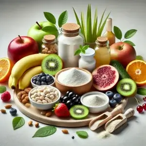 DALL·E 2025 03 01 22.19.20 A visually appealing composition of natural ingredients used in collagen supplements such as hydrolyzed collagen powder fresh fruits and herbal ext