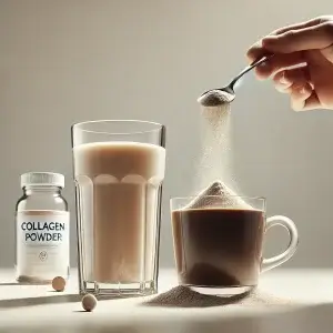 DALL·E 2025 03 01 22.20.58 A realistic image of a glass of juice and a cup of coffee with collagen powder being poured in and mixed with a spoon until fully dissolved. The backg