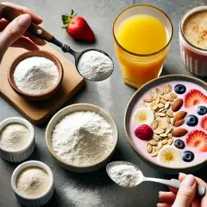 DALL·E 2025 03 01 22.22.39 A top down view of a bowl of healthy food such as yogurt oatmeal or a smoothie with collagen powder being sprinkled on top. Next to it a glass of