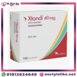 صورة لعلبة دواء Xtandi بتركيز 40 ملغ تحتوي على 112 كبسولة ناعمة من شركة Astellas، يظهر التصميم بألوان الأحمر والأخضر والأصفر مع شعار الشركة.