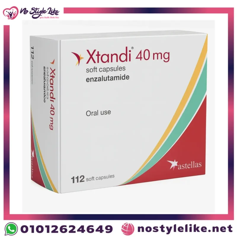 صورة لعلبة دواء Xtandi 40 mg بتركيز 40 ملغ تحتوي على 112 كبسولة ناعمة من شركة Astellas، يظهر التصميم بألوان الأحمر والأخضر والأصفر مع شعار الشركة.
