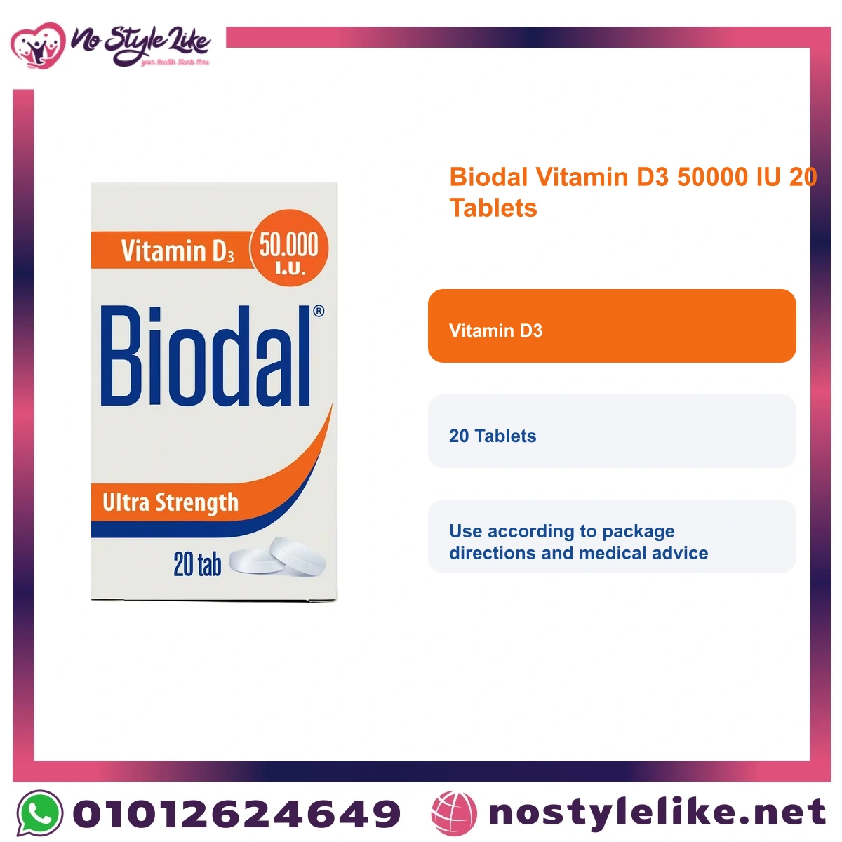 Biodal Vitamin D3 50000 IU 20 Tablets English information card