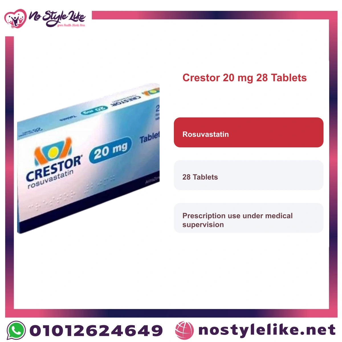 Crestor 20 mg 28 Tablets Rosuvastatin English information card