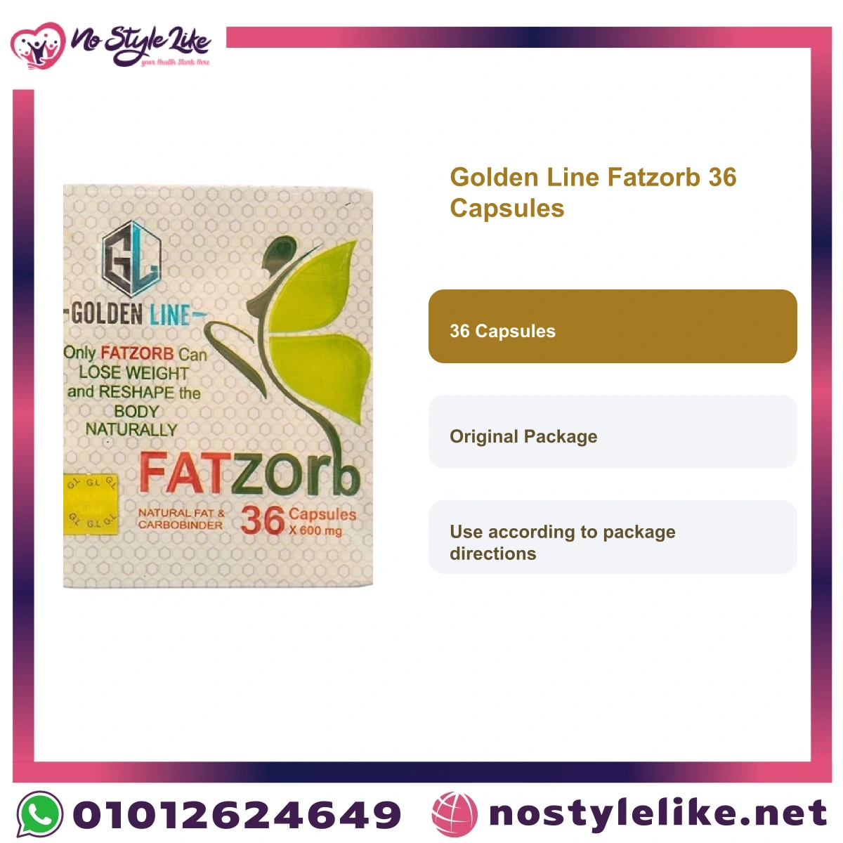 Golden Line Fatzorb 36 Capsules weight loss English information card