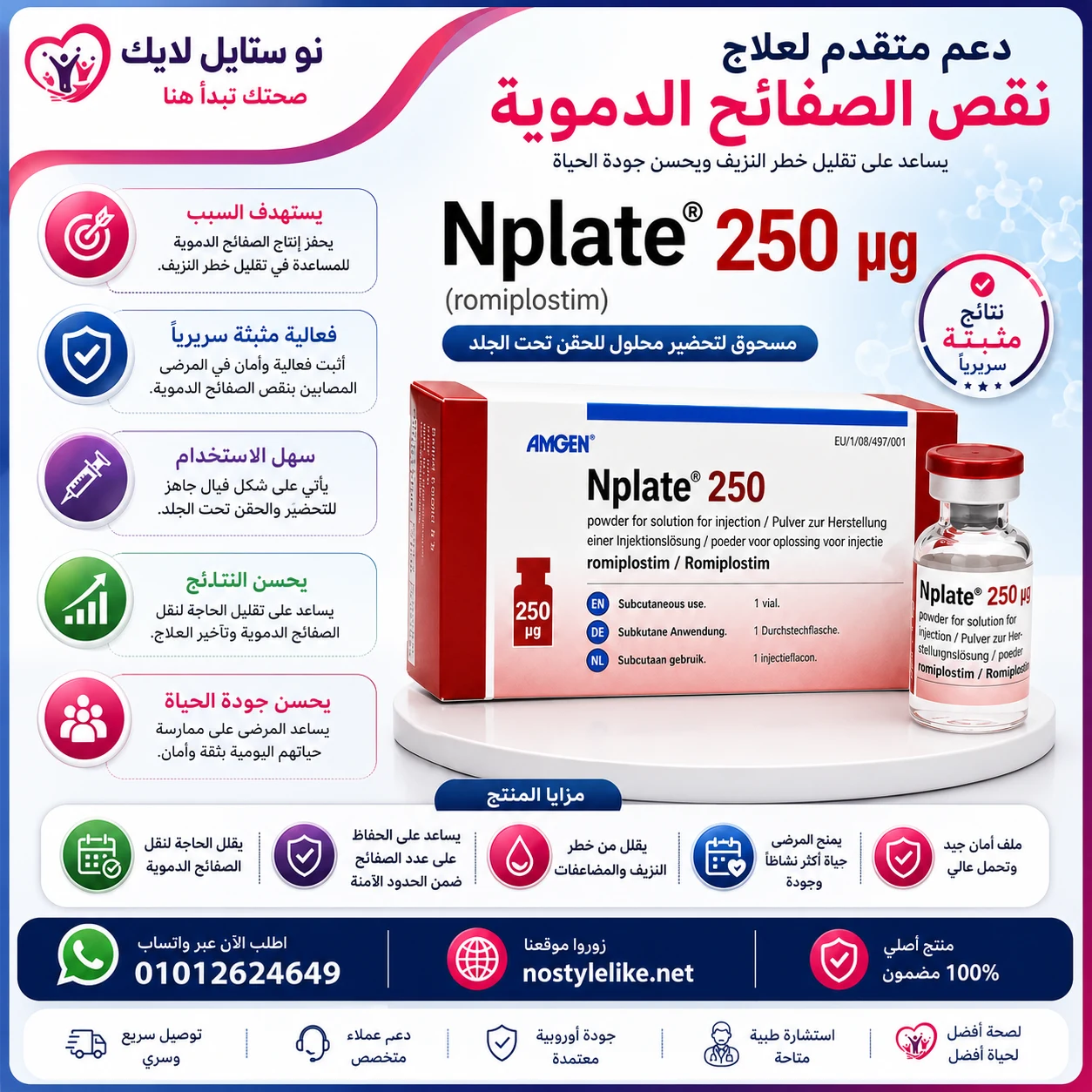 Nplate 250mcg Romiplostim Amgen packaging box 3D view – romiplostim subcutaneous injection – nostylelike.net