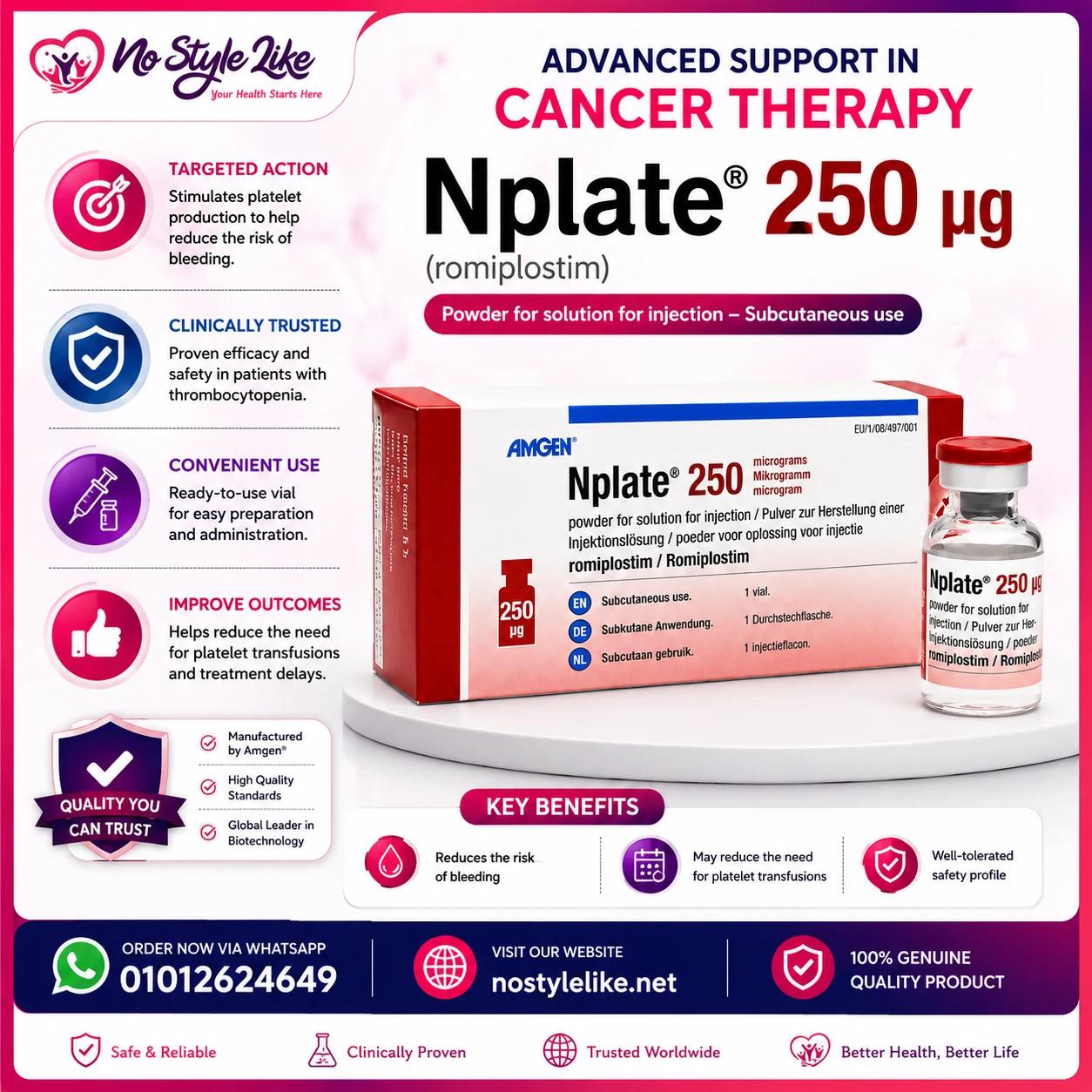 Nplate 250mcg Romiplostim Amgen vial with packaging box – powder for solution for subcutaneous injection – nostylelike.net
