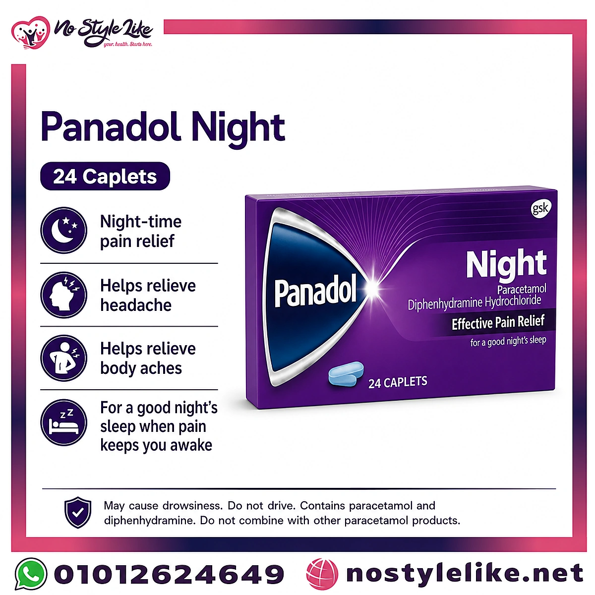 Panadol Night 24 Caplets English information card