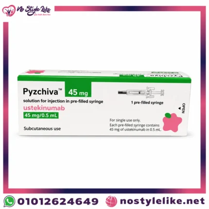 Pyzchiva 45mg Ustekinumab Biosimilar pre-filled syringe with open packaging box – solution for subcutaneous injection