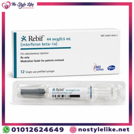 Rebif 44 mcg/0.5 mL Interferon beta-1a Pre-filled Syringes – Product box and pre-filled syringe by EMD Serono