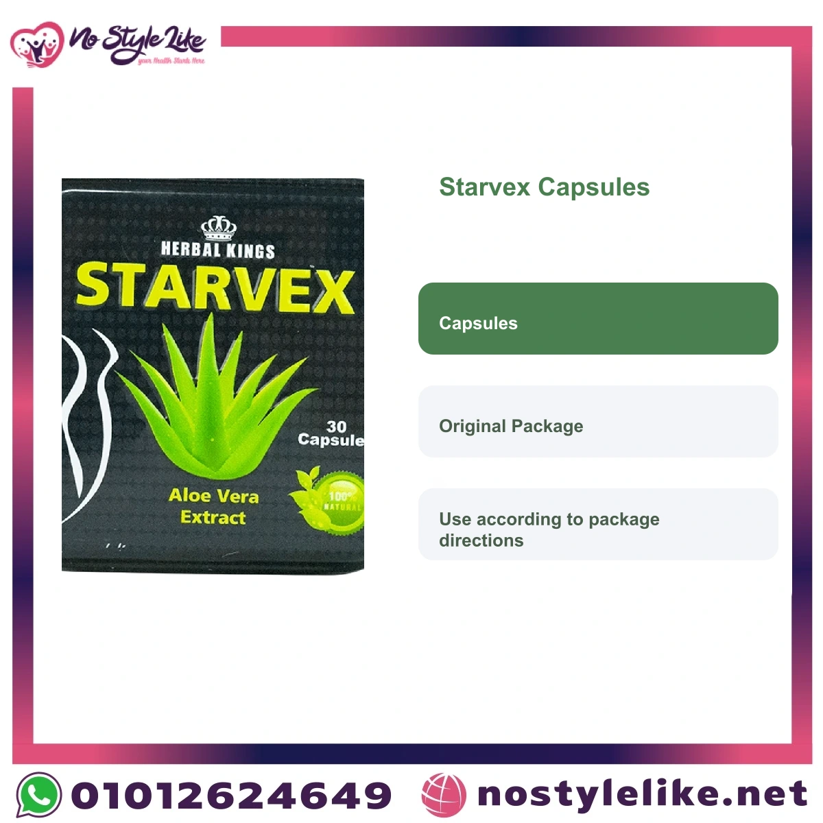 Starvex Slimming Capsules natural fat burner English information card