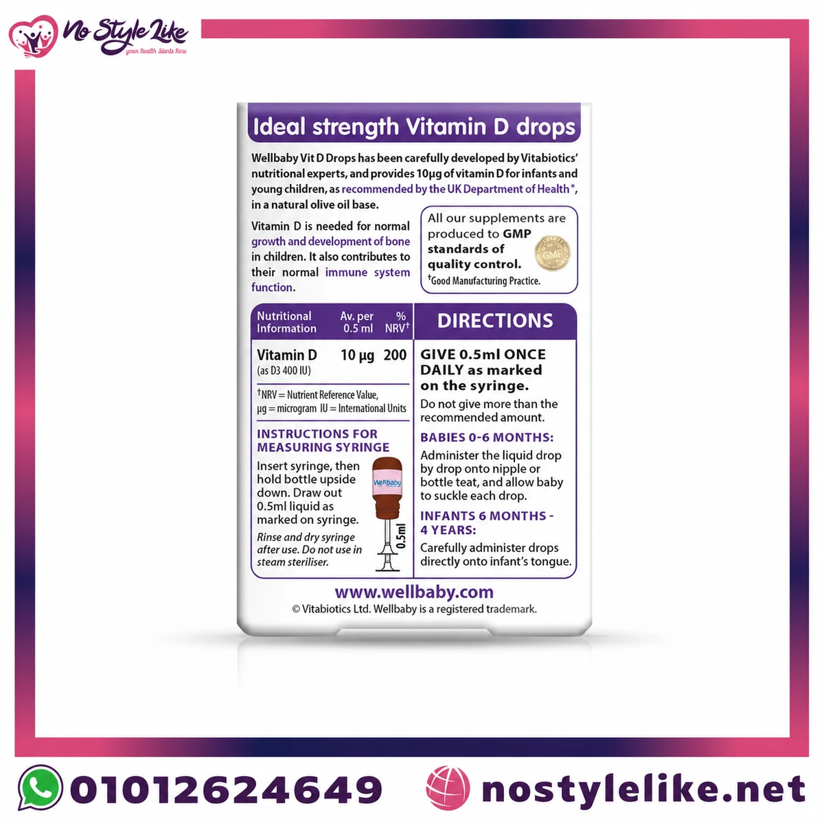 Vitabiotics Wellbaby Vitamin D Drops 10 µg 30 ml للنمو الطبيعي وتطور العظام لدى الأطفال - صورة المنتج 3