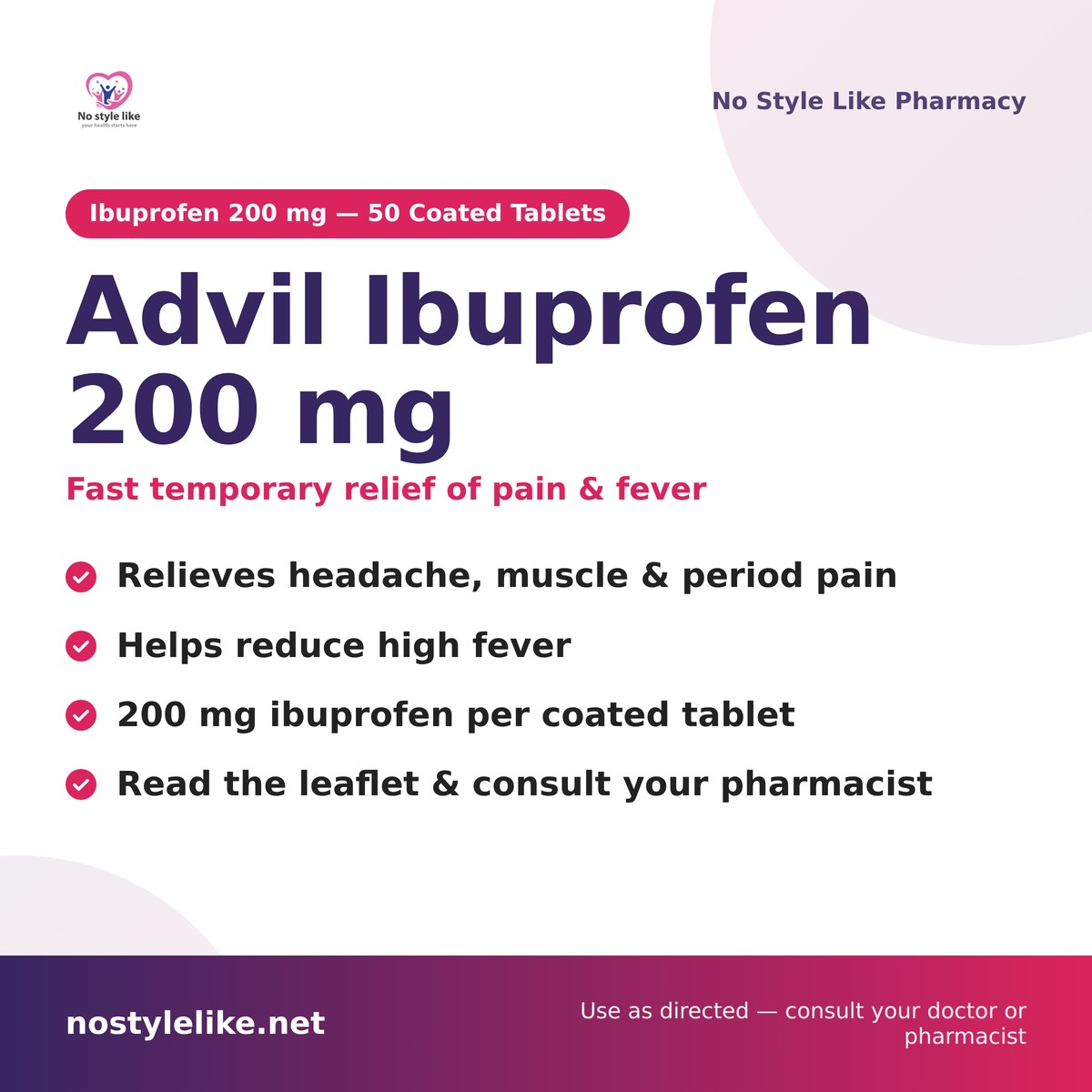 Advil Ibuprofen 200 mg coated tablets - pain and fever relief, 50 tablets
