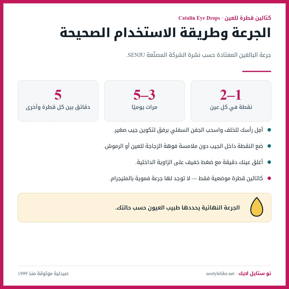 إنفوجرافيك جرعة قطرة كاتالين Catalin Eye Drops: نقطة إلى نقطتين في كل عين من 3 إلى 5 مرات يوميا وطريقة الاستخدام الصحيحة