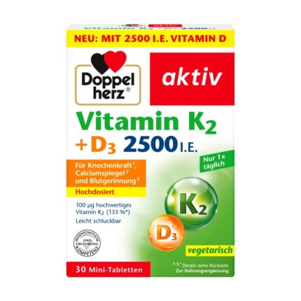 دوبل هيرتس أكتيف فيتامين K2 + D3 2500 عبوة 30 قرصًا صغيرًا Doppelherz Vitamin K2 D3 2500 — لدعم العظام