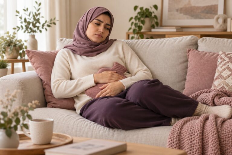 امرأة تستخدم قربة ماء مغطاة بقماش لتخفيف آلام الدورة في المنزل