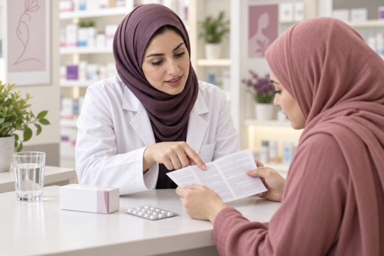صيدلانية تراجع نشرة مسكنات آلام الدورة مع إحدى المراجعات