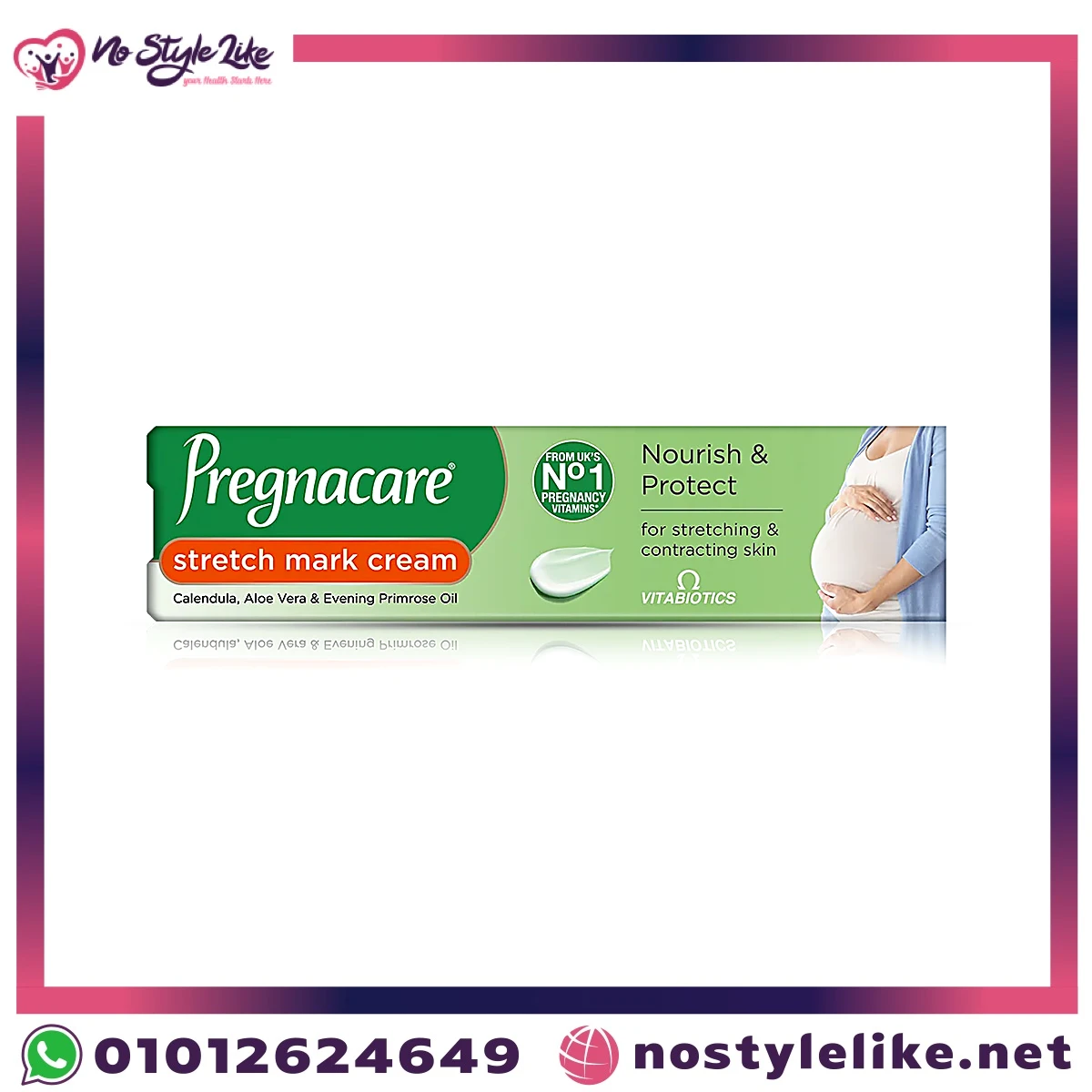 كريم بريجناكير لعلامات التمدد – علبة المنتج بالكاليندولا والألوفيرا وزيت زهرة الربيع | Pregnacare Stretch Mark Cream box – Calendula, Aloe Vera & Evening Primrose Oil