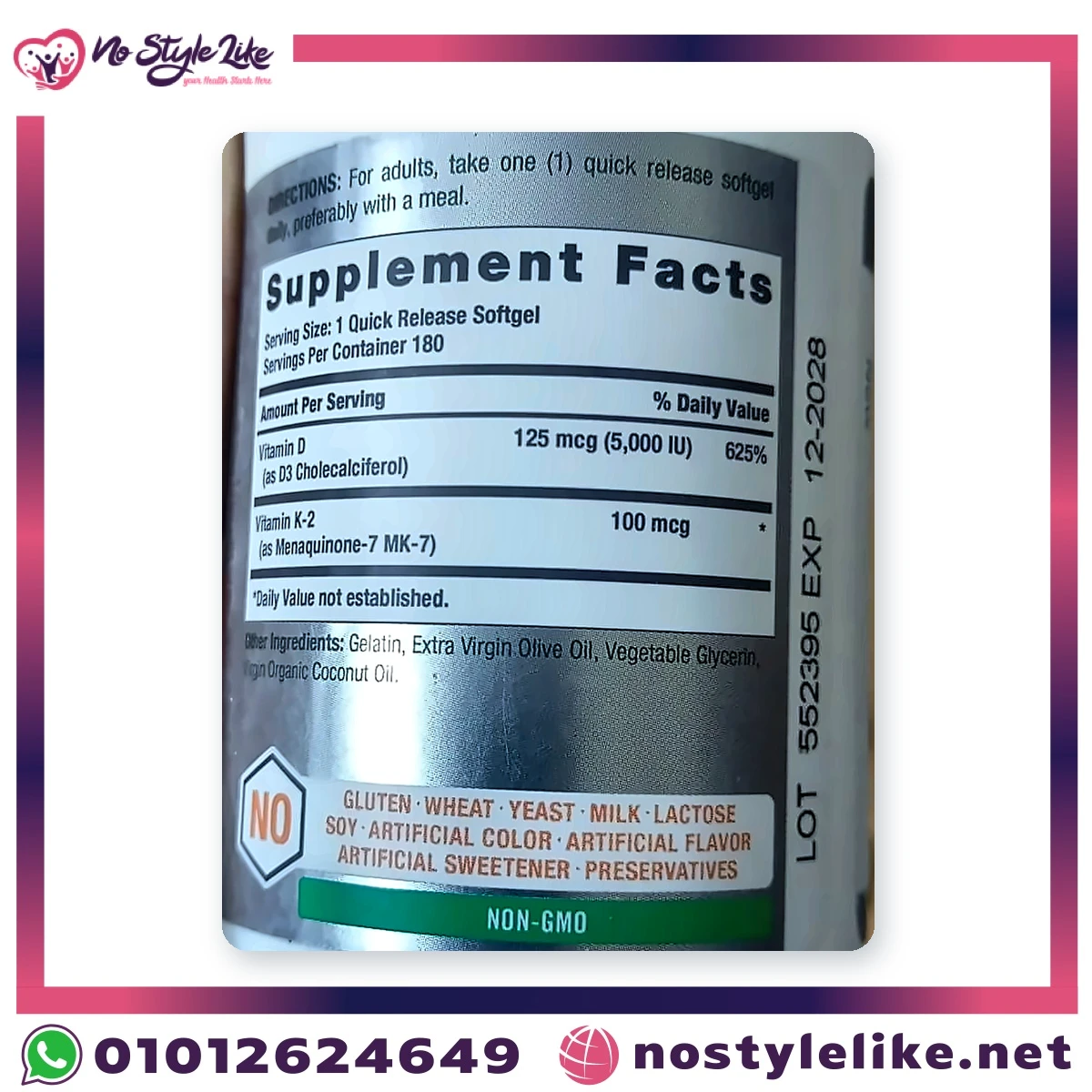 Horbaach Vitamin D3 K2 supplement facts 5000 IU MK-7 100 mcg exp 12-2028