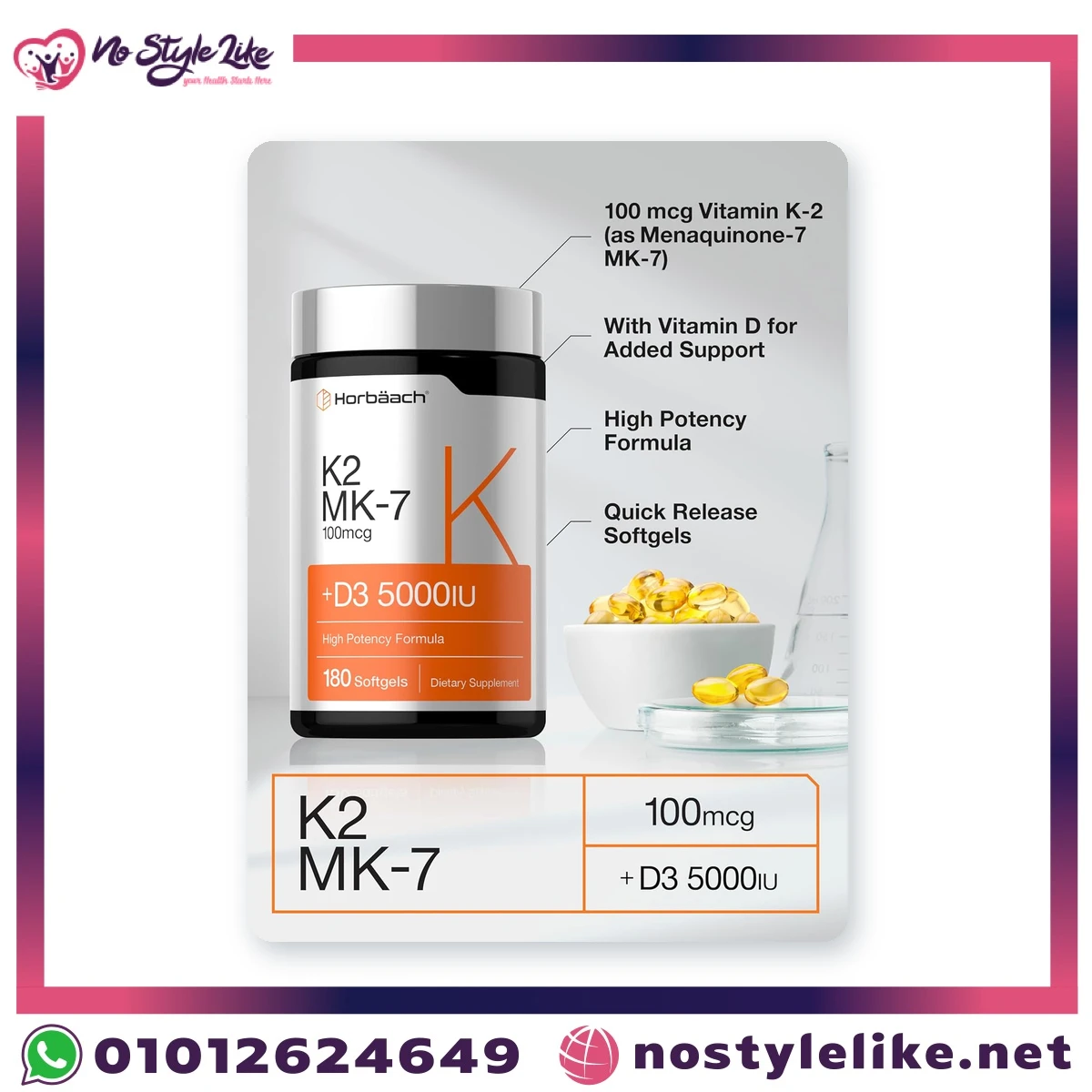 Horbaach K2 MK-7 100 mcg plus D3 5000 IU features