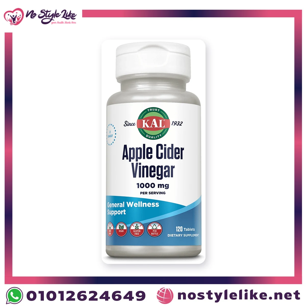 KAL Apple Cider Vinegar 1000 mg 120 Tablets – front of the bottle