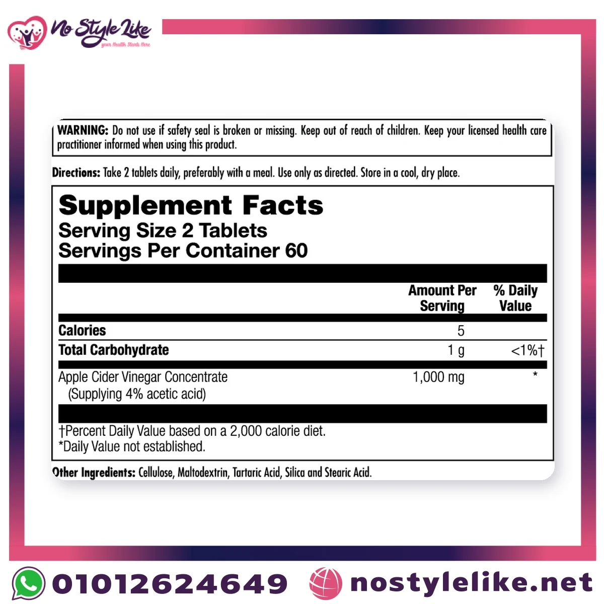 KAL Apple Cider Vinegar 1000 mg 120 Tablets – supplement facts label
