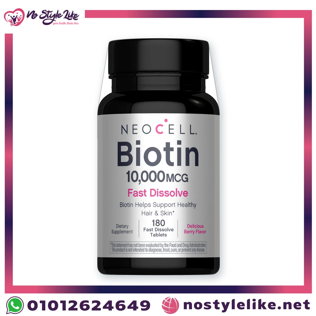 NeoCell Biotin 10,000 mcg Fast Dissolve 180 Tablets | بيوتين نيوسيل 10000 مكجم أقراص سريعة الذوبان بطعم التوت لدعم الشعر والبشرة والأظافر - الصورة 2