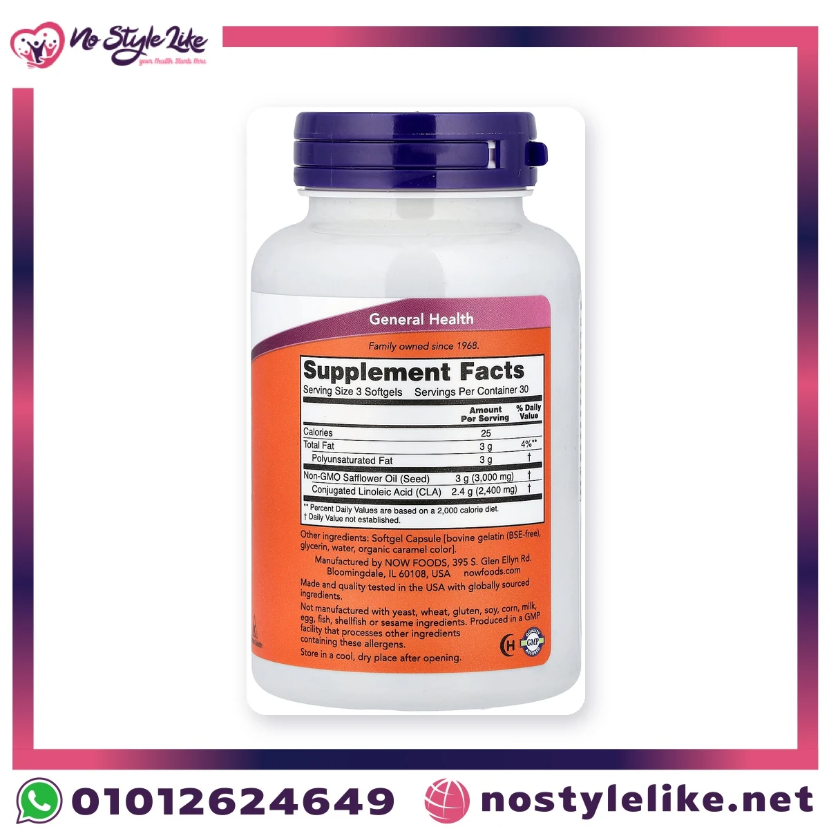 NOW CLA 800 mg 90 Softgels – supplement facts label