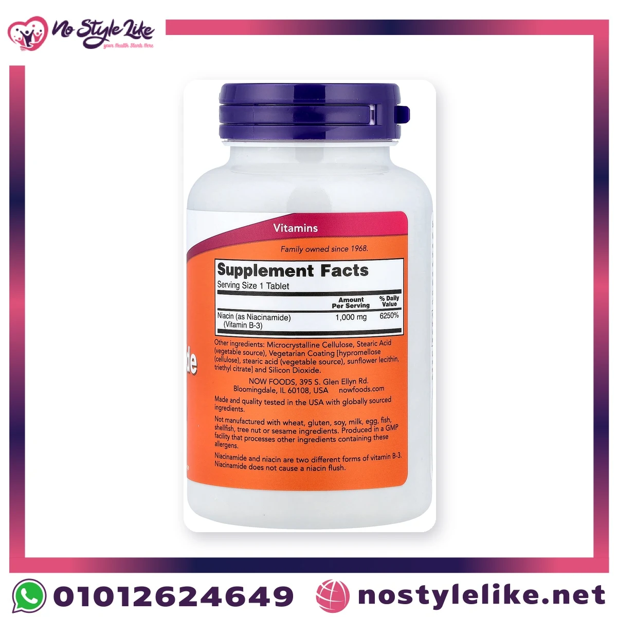 NOW Niacinamide 1000 mg 90 Tablets – supplement facts label