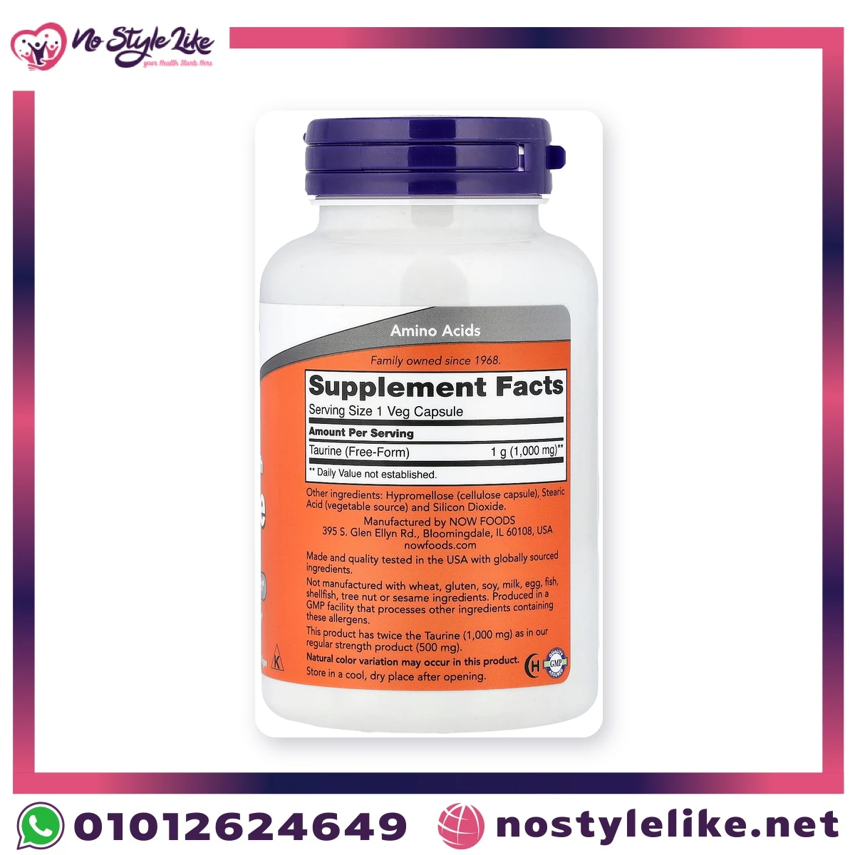 NOW Taurine 1,000 mg 100 Veg Capsules – supplement facts label