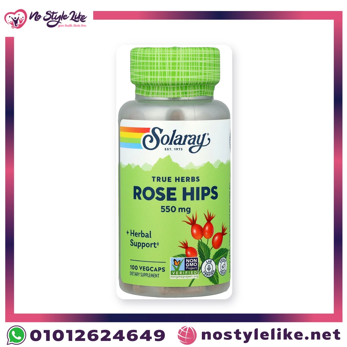 Solaray Rose Hips 550 mg 100 VegCaps – front of the bottle
