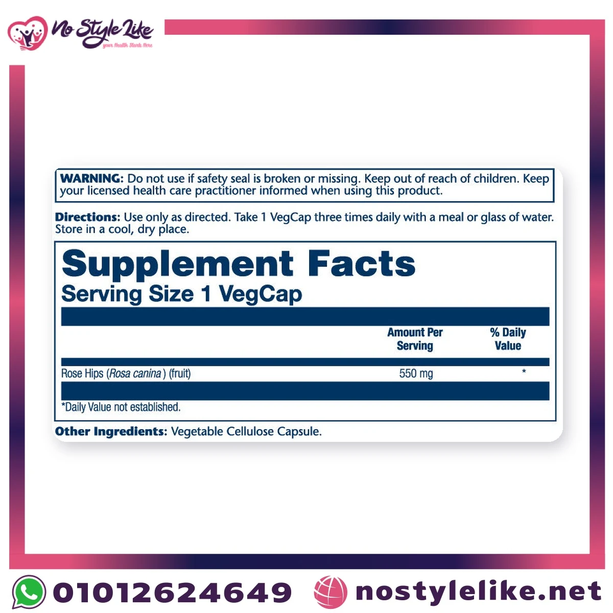 Solaray Rose Hips 550 mg 100 VegCaps – supplement facts label